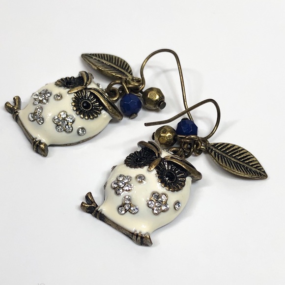 Enamel Owl Earrings With Jeweled Details - Picture 2 of 5